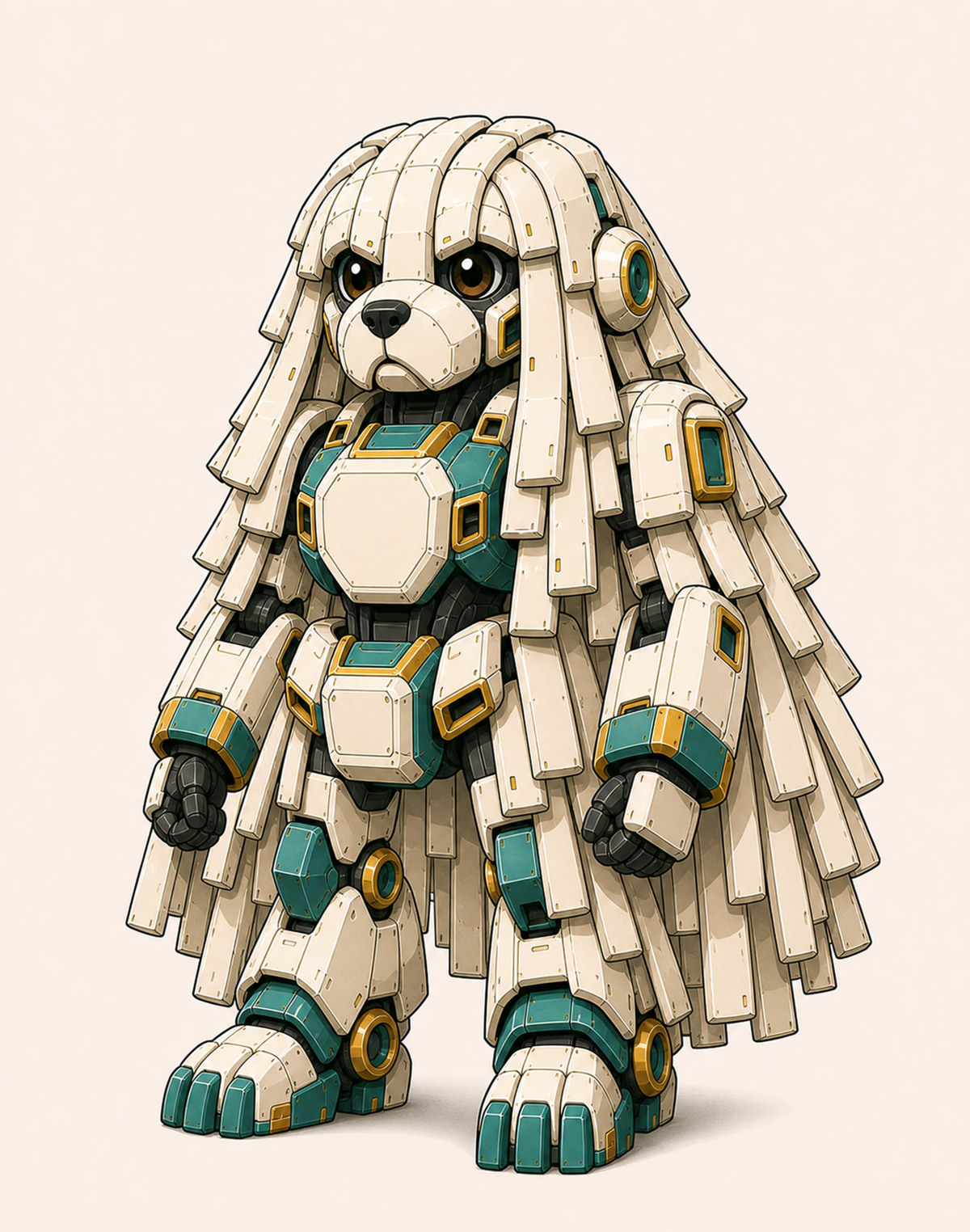A white corded guardian mecha inspired by the silhouette of a Komondor.
