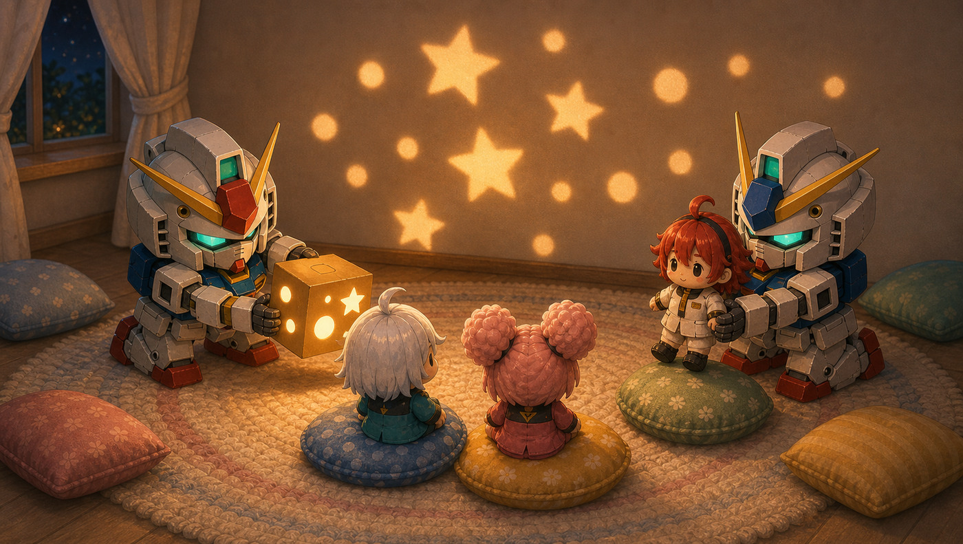 Small mechanical heroes project glowing stars across a playroom for their tiny doll friends.